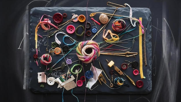 Zestaw nici i igieł ułożony artystycznie